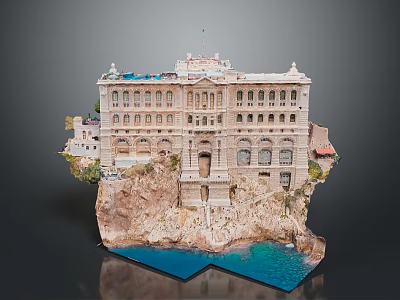 Luxurious Cliffside Building With Classical Design Multiple Windows Balconies And Blue Water View 3d model