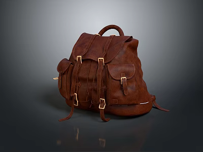 Stylish Brown Leather Backpack With Metal Buckles And Multiple Pockets For Daily Use 3d model