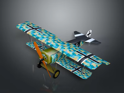 Vintage Biplane Model With Blue Green Camouflage Black Cross Markings On Wings 3d model