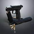 Black Pistol with Magazine and Bullets on Dark Background Display Setup 3d model