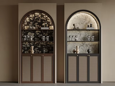 Elegant Double Wine Cabinets With Arched Top Wooden Frame And Glassware 3d model