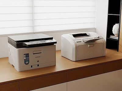 Modern Office Appliances Two Printers On Wooden Desk With Window Blinds In Background 3d model