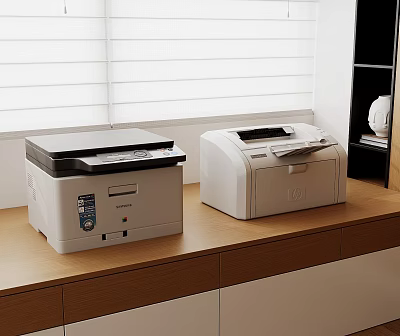 Modern Office Appliances Two Printers On Wooden Desk With Window Blinds In Background 3d model