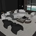 Modern L shaped White Sectional Sofa and Marble Coffee Table Set with Throw Pillows Blanket Grey Armchairs Fireplace