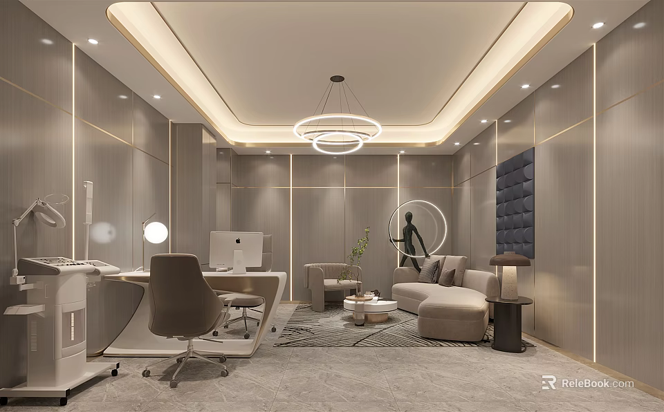Modern Elegant Office Interior With Work Desk Computer Sofa Chandelier Round Mirror And Green Plant 3d model 