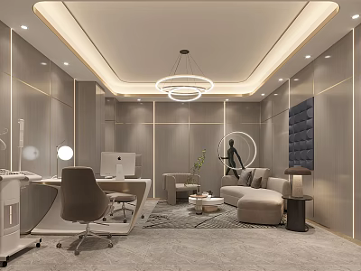 Modern Elegant Office Interior With Work Desk Computer Sofa Chandelier Round Mirror And Green Plant 3d model