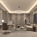 Modern Elegant Office Interior With Work Desk Computer Sofa Chandelier Round Mirror And Green Plant