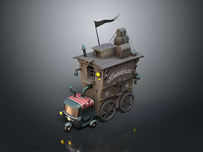 Vintage Vanbilio Train with Decorative Wooden Structure Flag and Cargo Boxes 3d model