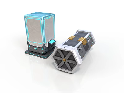 Sci Fi Scene Components With Blue Illuminated Square Panel And Hexagonal Gold Strapped Box 3d model