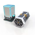Sci Fi Scene Components With Blue Illuminated Square Panel And Hexagonal Gold Strapped Box