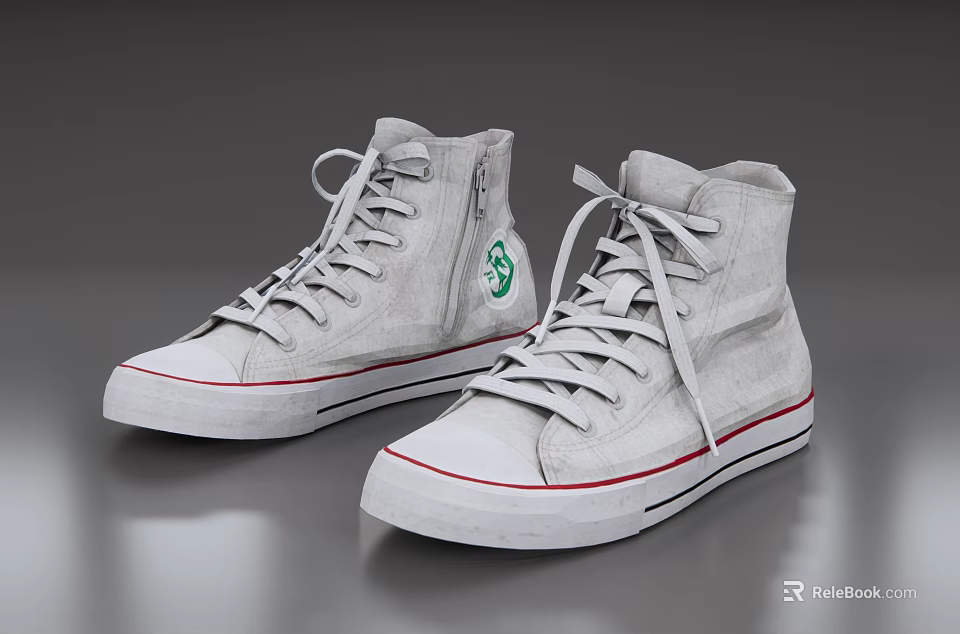 Light Gray High Top Canvas Shoes With Red Accent Trim Green Logo And White Laces 3d model 