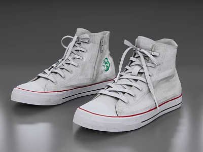 Light Gray High Top Canvas Shoes With Red Accent Trim Green Logo And White Laces 3d model