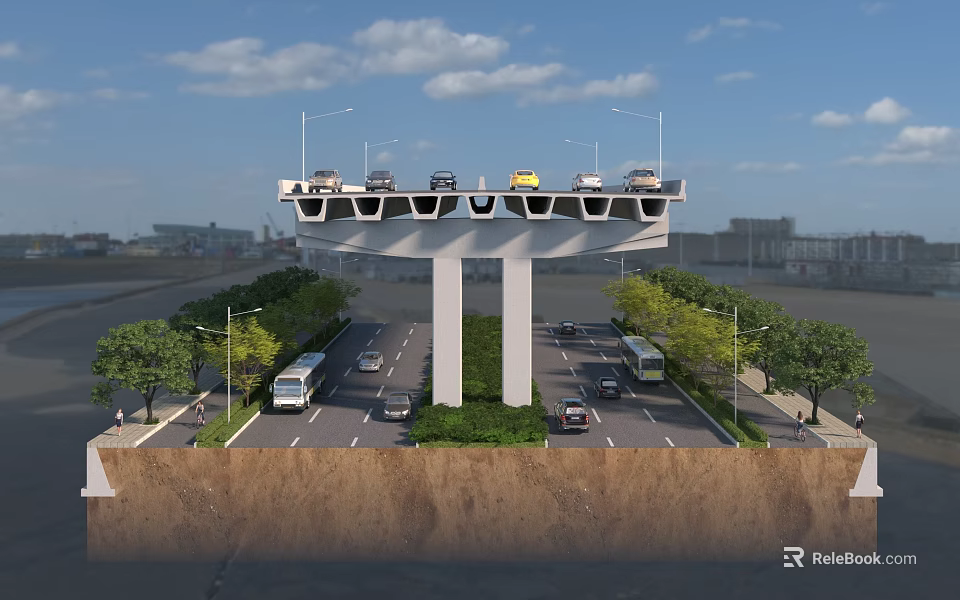 Elevated Road Structure With Ground Traffic Lanes Street Lamps And Trees 3d model