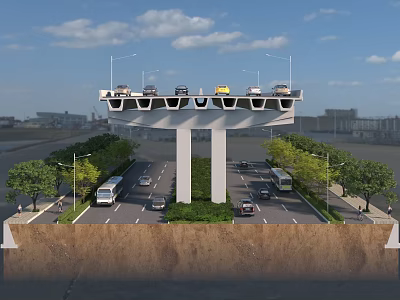 Elevated Road Structure With Ground Traffic Lanes Street Lamps And Trees 3d model