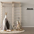 Fun Kids Playground With Tepee Tent Rocking Horse Wooden Ladder Rope Structure And Round Rug