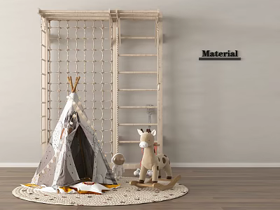 Fun Kids Playground With Tepee Tent Rocking Horse Wooden Ladder Rope Structure And Round Rug 3d model