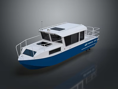 Modern White and Blue Recreational Boat with Open Deck Railing Solar Panels and Cabin Windows 3d model