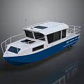 Modern White and Blue Recreational Boat with Open Deck Railing Solar Panels and Cabin Windows