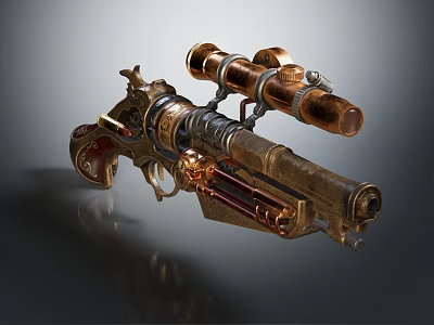 Vintage Steampunk Pistol With Double Barrel Scope Ornate Gold Red Details And Mechanical Components 3d model