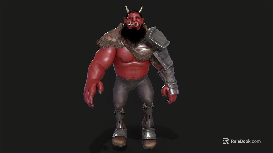 Red Skinned Horned Bearded Warrior Game Movie Character With Shoulder Armor And Leather Pants 3d model 