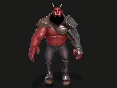 Red Skinned Horned Bearded Warrior Game Movie Character With Shoulder Armor And Leather Pants 3d model