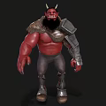 Red Skinned Horned Bearded Warrior Game Movie Character With Shoulder Armor And Leather Pants