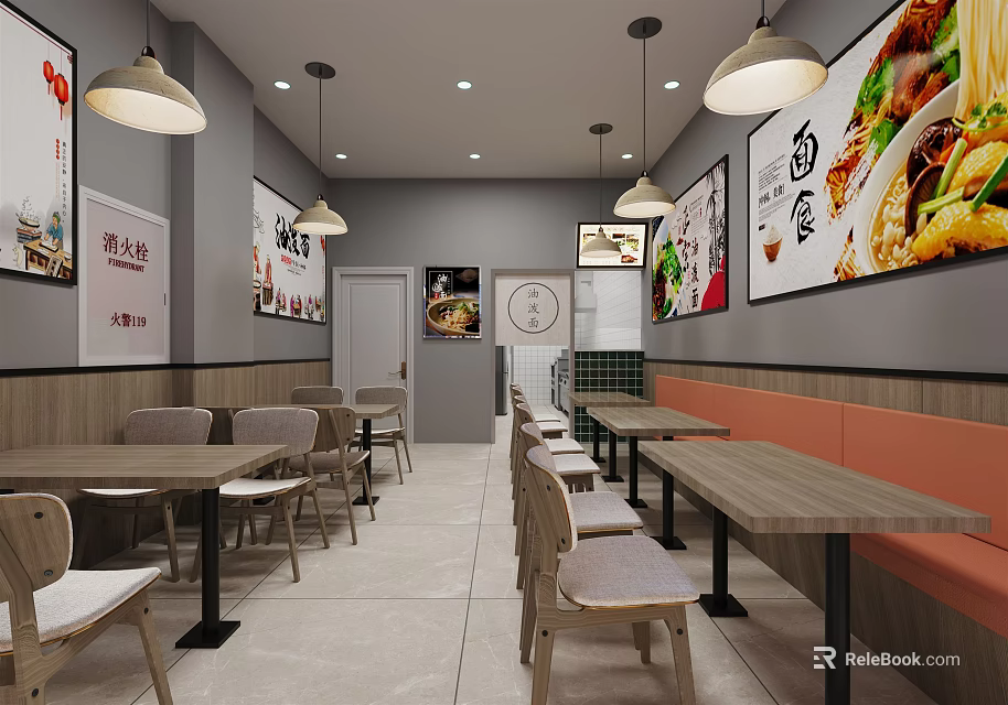 Modern Restaurant Interior With Tables Chairs Food Posters And Pendant Lights 3d model 