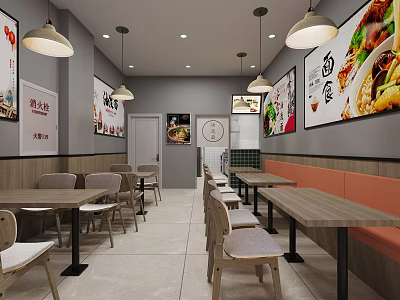 Modern Restaurant Interior With Tables Chairs Food Posters And Pendant Lights 3d model
