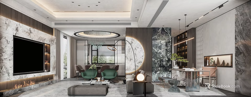 Modern Dining and Living Room Interior With Green Chairs Marble Wall and Pendant Lights 3d model 
