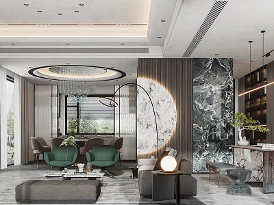 Modern Dining and Living Room Interior With Green Chairs Marble Wall and Pendant Lights 3d model