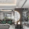 Modern Dining and Living Room Interior With Green Chairs Marble Wall and Pendant Lights