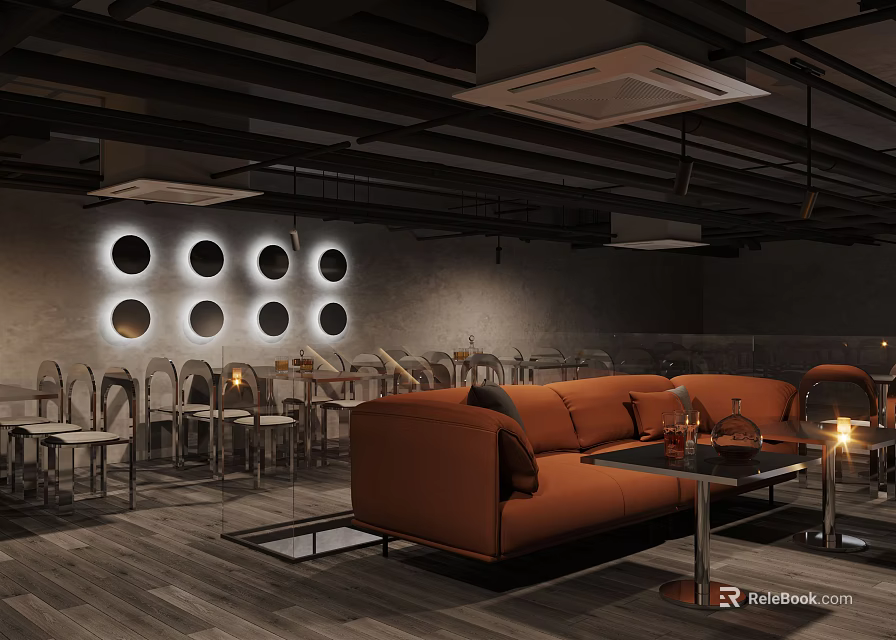Modern Bar Interior Design With Orange Sofa Circular Decor And Ambient Lighting 3d model