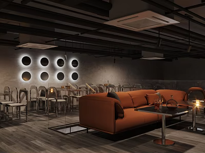 Modern Bar Interior Design With Orange Sofa Circular Decor And Ambient Lighting 3d model