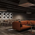 Modern Bar Interior Design With Orange Sofa Circular Decor And Ambient Lighting 3d model