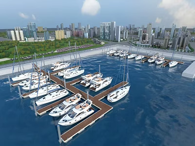 Stunning Waterfront Yacht Marina Scenery With Docked White Luxury Yachts And Distant Modern City Skyline 3d model