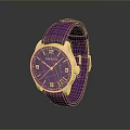 Purple Leather Strap Watch With Round Dial And Golden Bezel Design