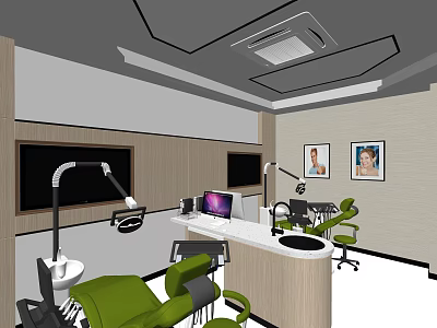 Modern Dental Clinic Interior With Green Chairs Workbench Computer Wall Paintings And Ceiling Lighting 3d model