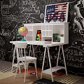 White Desk With Shelf Globe Books USA Sign And White Chair On Striped Rug