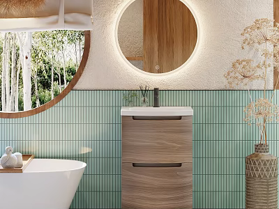 Bathroom Vanity With Round Backlit Mirror Green Tiled Wall And Wooden Cabinet Decor 3d model