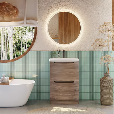 Bathroom Vanity With Round Backlit Mirror Green Tiled Wall And Wooden Cabinet Decor 3d model