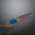 Traditional Wooden Water Transport Boat with Blue Cushions and Yellow Decorations