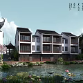 Traditional Chinese Architecture with White Walls Black Tiles Green Lawns and Trees in Rural Area