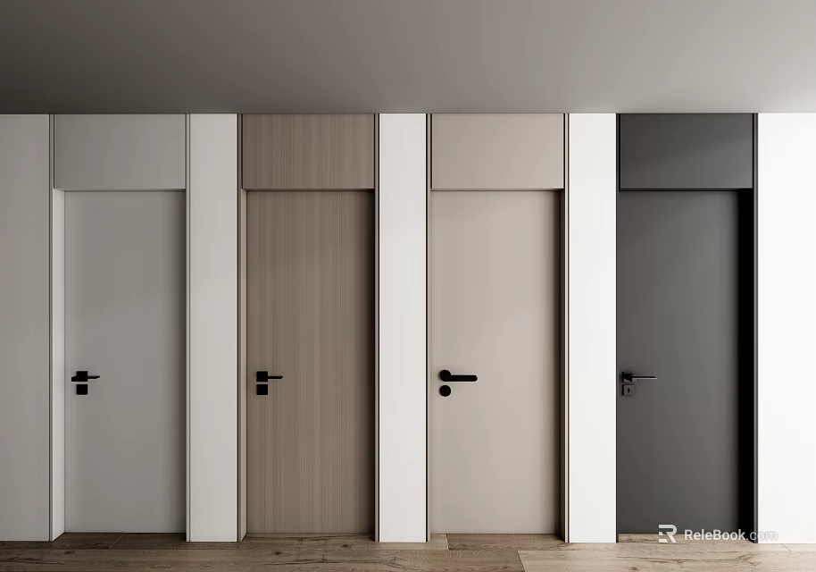 Various Colors Hinged Doors With Black Handles And White Frames On Wooden Floor 3d model 