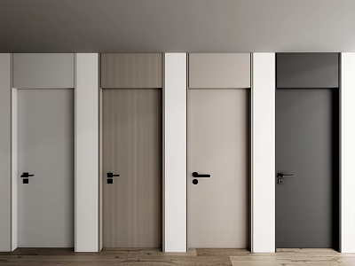 Various Colors Hinged Doors With Black Handles And White Frames On Wooden Floor 3d model