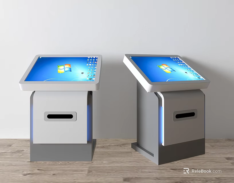 Public Facility Interactive Kiosks Featuring Blue Touchscreen Windows Interface And White Gray Body 3d model