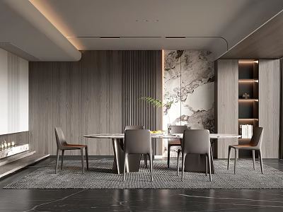 Modern Restaurant Interior With Round Dining Table Chairs Patterned Wall And Lighting 3d model