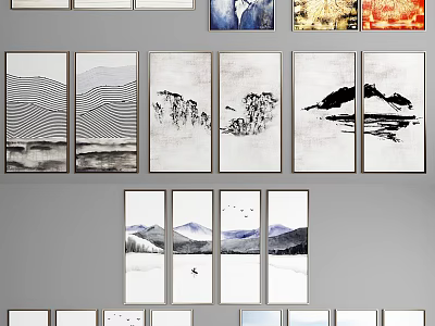 Chinese Landscape Paintings In Ink Wash Style With Mountain River Scenes And Decorative Wall Art 3d model