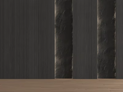 Dark Wooden Sofa Background Wall With Textured Stone Accents And Light Wood Flooring Design 3d model