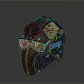 Combat Weapon Helmet With Red Blue Yellow Accents Green Goggle Lenses And Metal Bolt Design