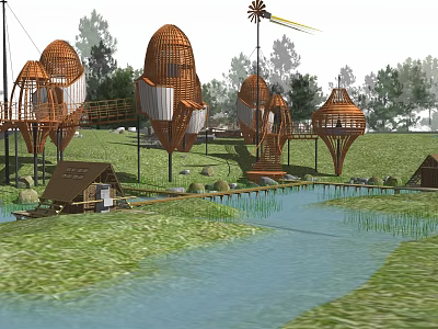 Egg Shaped Wooden House Structures Surrounded By River Grassland And Trees 3d model